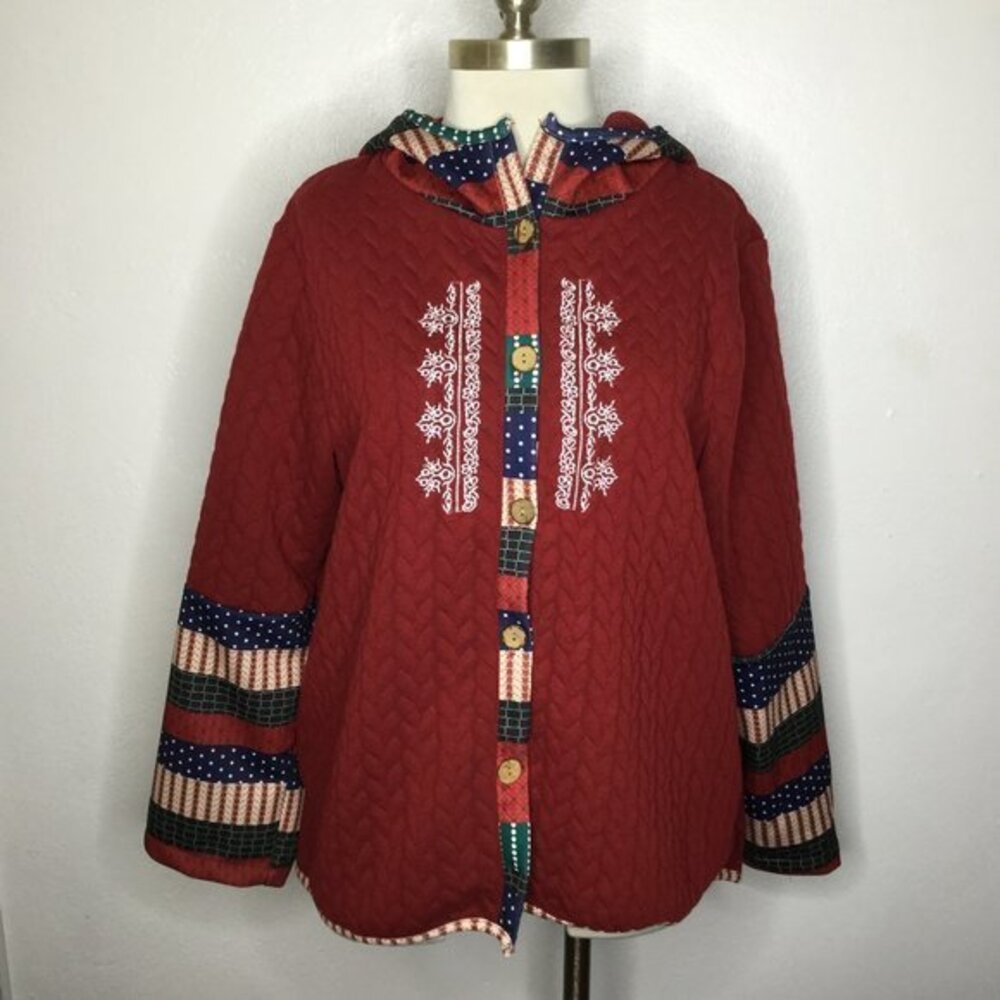 Jimmy Yoo Burgundy Stripe Hooded Swing Coat Size Medium Embroidered